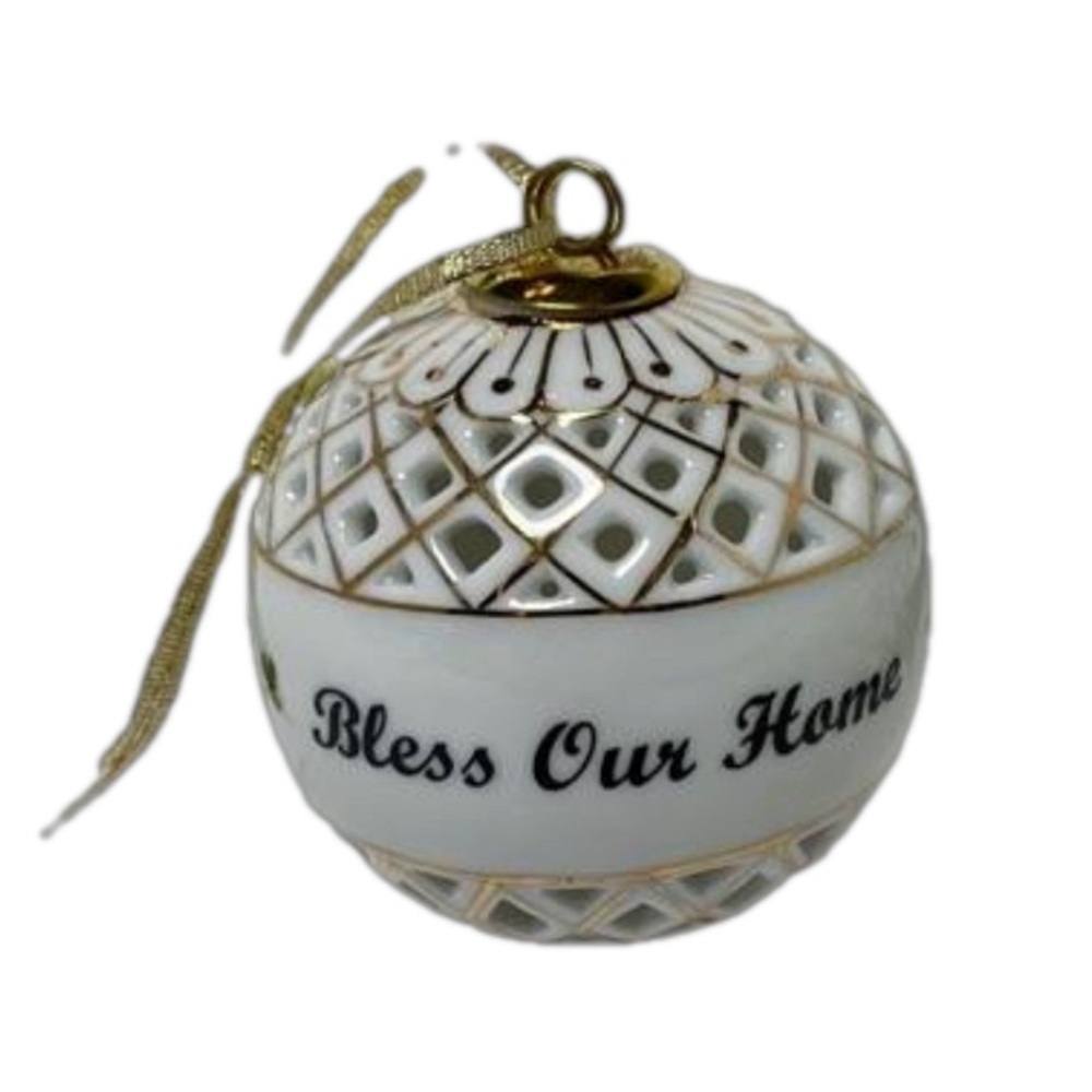 Porcelain Christmas Tree Ball “Bless Our Home” Reticulated Design